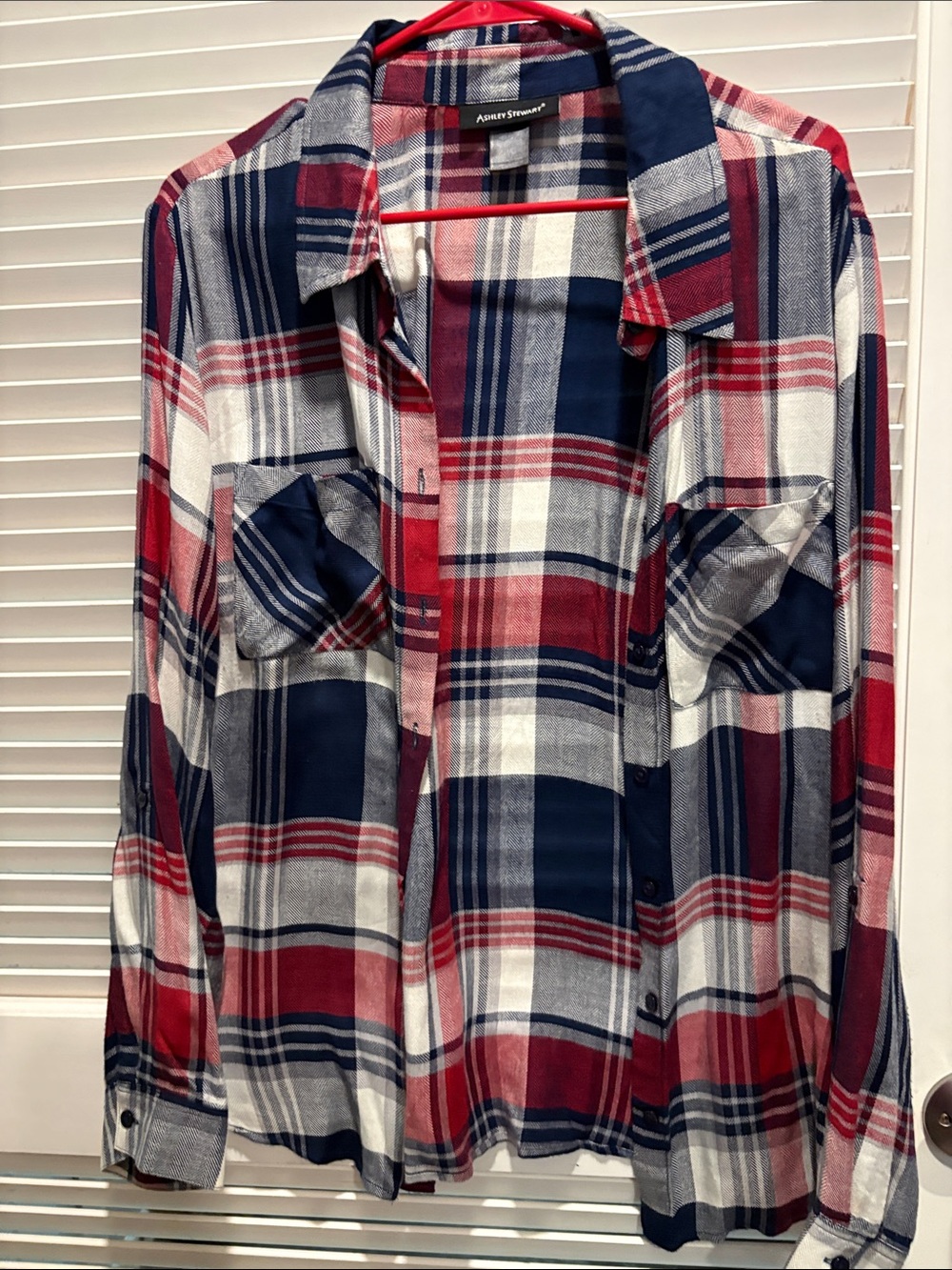 Ashley Stewart Red, Navy & White Plaid Casual Button-Down Shirt
